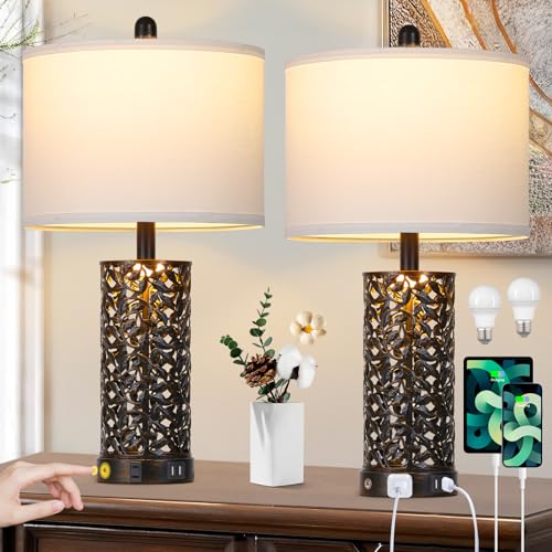 Cinkeda Vintage Lamp for Living Room Set of 2,Rustic Retro Bedside Nightstand Lamps with 2 USB Ports & AC Outlet,Touch Control Industrial Desk Lamp for Bedroom Entryway,Black with Bronze Bruch - color: Bronze