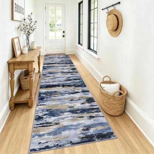 Abstract Washable Runners for Hallway 3x14 Runner Rug Non Slip - color: Navy / Blue / Taupe, size: 3' x 14' (Runner)