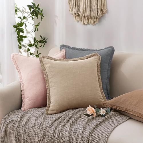 Linen Fringe Throw Pillow Covers 18x18 Inch Set of 2,Camel - color: Camel, size: 18" x 18" (Pack of 2)