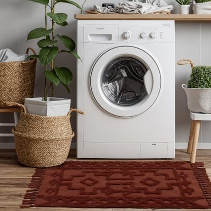 Uphome Boho Bathroom Runner Rug 2' x 4.3', Washable Woven Cotton Bedroom Runners, Terracotta Aesthetic Tufted Entryway Runner Rugs, Bohemian Tribal Throw Rug for Bedside Living Room Laundry Kitchen - color: Terracotta, size: 2' x 4.3' (Runner)
