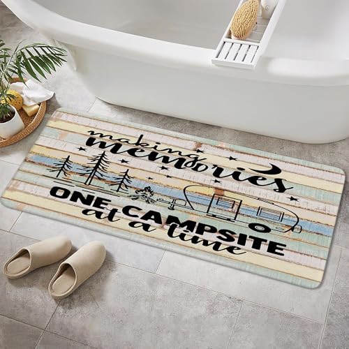 Happy Camper Bathroom Rugs, Rustic Cabin Wooden Farmhouse Bath Mat, Travel Trailers Camping Theme Non Slip Bathtub Rug Retro Rustic Wood Neutral Color for Travel Trailer Camping Kitchen Rug 16X48IN - color: Camper, size: 1'4" x 4' (Rectangular)