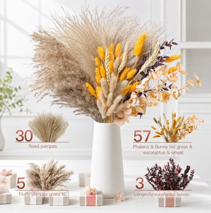 Orange Pampas Grass Dried Flower Bouquet (95 Pcs, 17") - Fluffy Boho Fall Decorations for Home, Autumn Floral Table Centerpiece for Thanksgiving & Room Decor