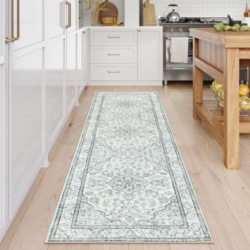 Lahome Oriental Washable Runner Rug,2.5x8 Long Bedroom Rug Runner Non-Slip,Runner Rug for Entryway Indoor,Traditional Laundry Room Rug Runner Low-Pile for Kitchen Hallway Helena,(8ft,Light Gray) - color: Grey/Ivory, size: 2'6" x 8' (Runner)