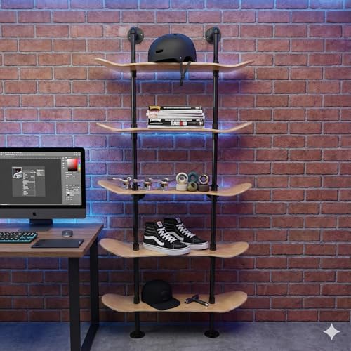 Industrial Pipe Bookcase, 5 Tier Shelf, Natural Wood Stain Finish - size: 5 Tier Shelf
