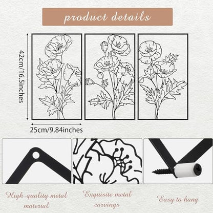 Therwen 3 Pcs Black Metal Wall Art Minimalist Wall Decor for Bedroom Flowers Decor Hanging Flower Bathroom Art Flower Line Sculpture Kitchen Decoration 16.5 x 9.8 Inch - style: Chic Style