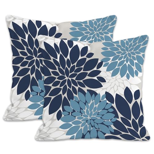 Floral Throw Pillow Covers Bohemian Dahlia Flowers Geometry Graph Modern Soft Cozy Decor Bed Living Room Sofa Rustic Farmhouse Pillow Case Set of 2 Blue Blue White,18x18 Inch - color: Blue Blue White, size: 18" x 18" (Pack of 2)