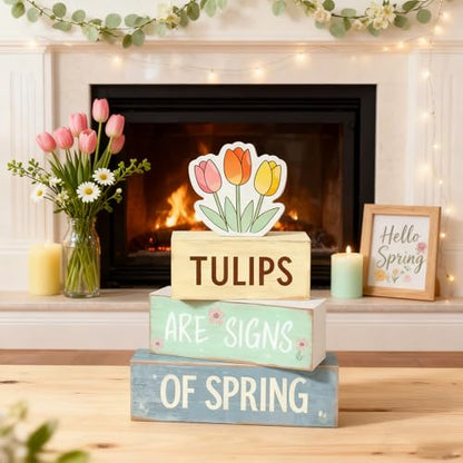Spring Decoration Wooden Tiered Tray Decor – Tulips Spring Stacked Block Sign with Floral Accent – Farmhouse Tabletop Spring Decor for Shelf Mantel Seasonal Home Display - style: Tulips