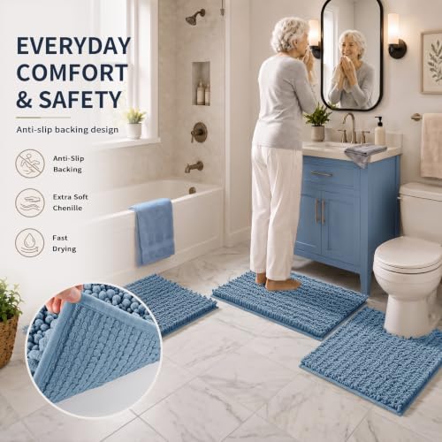 Yimobra Bathroom Rug Set 3 Piece, Super Absorbent Bath Mat Set, Denim Blue - color: Denim Blue, size: 24"x20" + 30"x20"+ 44"x24"