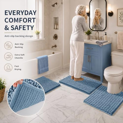Yimobra Bathroom Rug Set 3 Piece, Super Absorbent Bath Mat Set, Denim Blue - color: Denim Blue, size: 24"x20" + 30"x20"+ 44"x24"