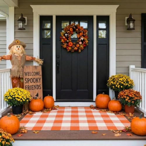MUBIN Fall Decor Cotton Buffalo Plaid Rug, 3' x 5' Orange White Outdoor Rug Front Door Decorative Mat, Washable Halloween Doormat Foldable Area Rug Layered Door Mats Rug for Front Porch, Entryway - color: Orange White Plaid, size: 3' x 5' (Rectangular)