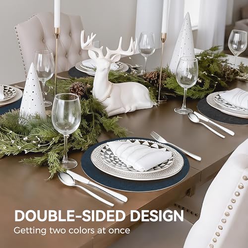 NCUE 13" Faux Leather Round Placemats Set of 4, Reversible Dual-Color - color: Deep Gray Navy Blue