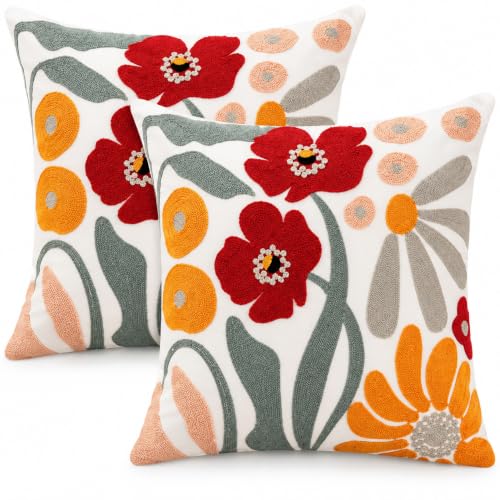 Set of 2 Decorative European Jacquard Vintage Embroidery Stereo Sofa Pillow Covers for Home Decor, Sofa Living Room, Couch, Bed.18x18IN (RED Blossoms) - color: Red Blossoms