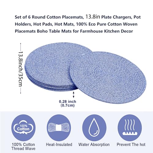 6Pcs Woven Placemats, Mix Blue Cotton Rope Woven Vintage Place Mats, 13.8'' Round Plate Chargers Wicker Tablemats Farmhouse Boho Braided Heat Resistant Outdoor Placemat for Patio Table Decor - color: Mix Blue, size: Round Set of 6
