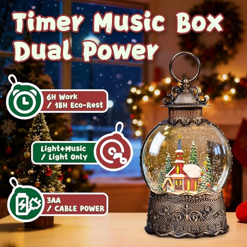 SUNFACE Christmas Snow Globe Lantern, Church Tree Nativity Scene Light Up Musical Snow Globes with 6H Timer, 3 AA Battery & USB Powered, Glitter Globe for Indoor for Kids Women Adults - color: Church Manger 125