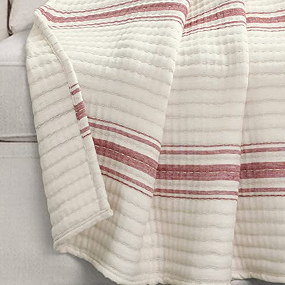 Lush Decor Farmhouse Stripe Kantha Pick Stich Yarn Dyed Cotton Woven Throw Reversible Ticking Pinstripe Design Blanket, 50" x 60", Red - color: Red