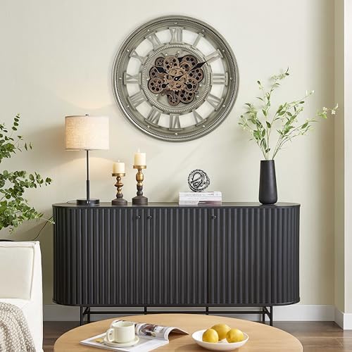 CLXEAST 24" Moving Gear Wall Clock for Living Room, Antique Champagne | Metal Case, Tempered Glass Lens, SIilent Non Ticking, Industrial Farmhouse Wall Clock for Dinning Room & Home Office - color: 24" Antique Champagne