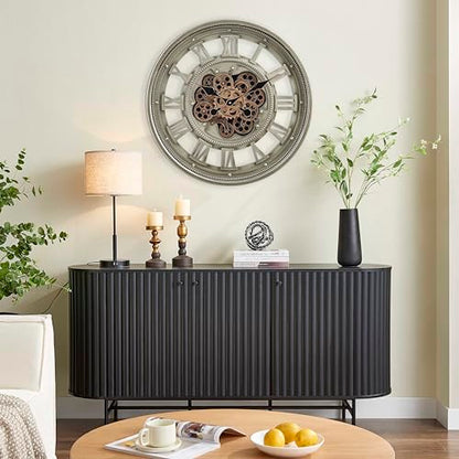 CLXEAST 24" Moving Gear Wall Clock for Living Room, Antique Champagne | Metal Case, Tempered Glass Lens, SIilent Non Ticking, Industrial Farmhouse Wall Clock for Dinning Room & Home Office - color: 24" Antique Champagne