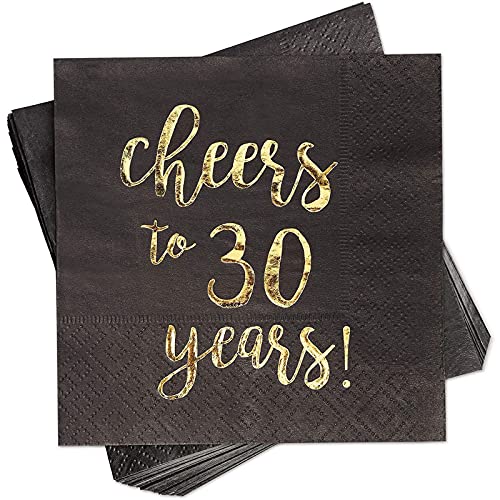 BLUE PANDA 30th Birthday Napkins - 5 x 5 in, 3-Ply, 50 Count, Black & Gold - Cheers to 30 Years Foil Print Napkins - 30th Anniversary Decorations - 30 Balloons - size: 50 Pack
