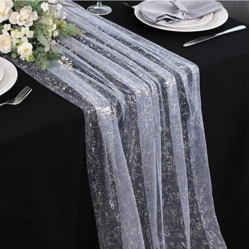 6 Pcs White Silver Gauze Table Runners 10 Ft Tulle Decorations, Glitter Metallic Foil Sequin Sheer Table Decoration Centerpiece for Party Birthday Wedding Anniversary ChristmasChristmas - style: Silver