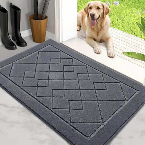 REFETONE Indoor Door Mat, Absorbent Washable Entryway Rug, 24" x 36", Grey | 0.4 in low-profile mat with dirt-trapping polyester; TPR backing helps reduce shifting at front, back, and pet entries - color: Grey, size: 2' x 3' (Rectangular)