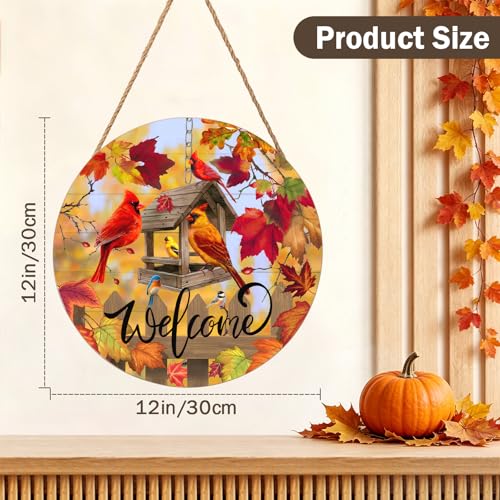 Harooni Fall Cardinal Sign for Front Door Decor, Autumn Maple Leaves Wood Door Hanger for Outdoor Outside Porch, Thanksgiving Farmhouse Wooden Wreath Indoor Wall Hanging Decoration 12"x12" - color: Fall Cardinal