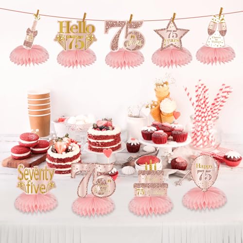 Turypaty Happy 75th Birthday Honeycomb Table Centerpieces Decorations Women - style: Pink Rose Gold 75th