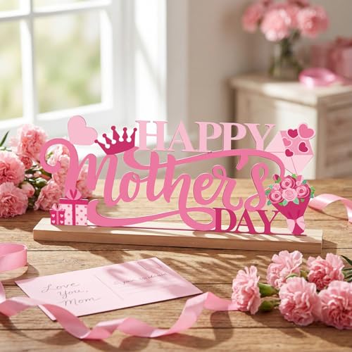 Roowest Metal Happy Mother's Day Table Sign Decor with Wooden Base - style: Mother's Day