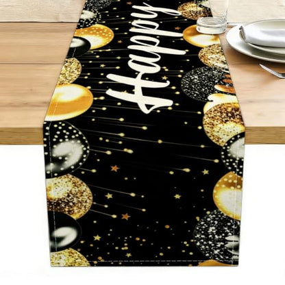 Happy Birthday Table Runner, Black and Gold, Table Runners 72 Inches Long - color: Black Gold Birthday