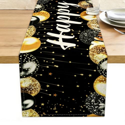 Happy Birthday Table Runner, Black and Gold, Table Runners 72 Inches Long - color: Black Gold Birthday