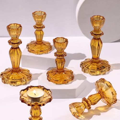 Amber Candlestick Holders Set of 6, Glass Taper Candle Holders - color: Amber
