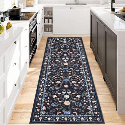 GarveeHome 2x6 Washable Floral Runner Rug Non-Slip Hallway Dark Grey Blue - color: Dark Grey Blue, size: 2' x 6' (Rectangular)