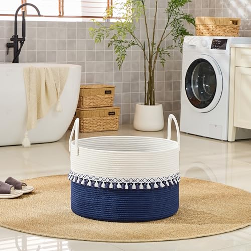 KAKAMAY Large Blanket Basket with Handles, Storage Basket for Living Room - color: Blue Fringe