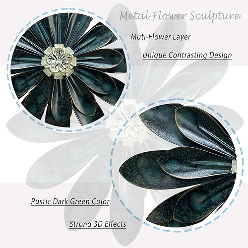 Metal Flower Wall Sculpture,12" Dark Blue Green Rustic Modern Floral Art - color: 03C-Dark Green