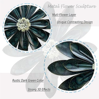 Metal Flower Wall Sculpture,12" Dark Blue Green Rustic Modern Floral Art - color: 03C-Dark Green