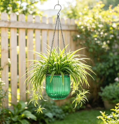 Melphoe 2 Pack Self Watering Hanging Planters Indoor Flower Pots, 5.3 Inch Outdoor Hanging Basket, Plant Hanger with 3Hooks Drainage Holes for Garden Home (Emerald) - color: Emerald, size: 5.3''+5.3''