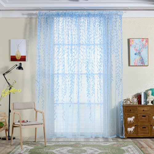 Ufurty 2pcs Willow Leaf Window Curtain Voile Tulle Vine Sheer Curtains - color: Blue Leaf, size: 39.4"W x 78.7"L (Pack of 2)