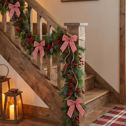 Flutesan 8 Ft Red Gingham Bow Garland Fabric Banner Farmhouse Decoration - color: Red, White, style: Gingham