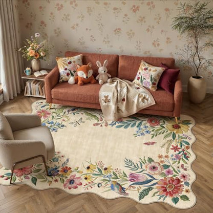 4x6 Floral Beige Scalloped Area Rug - color: Scalloped | Beige, size: 4' x 6' (Rectangular)
