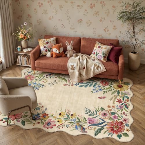 6x9 Floral Beige Scalloped Area Rug - color: Scalloped | Beige, size: 6' x 9' (Rectangular)