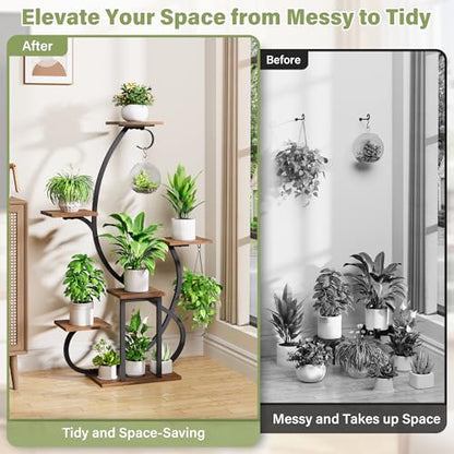 Metal Curved Shaped 6 Tier Corner Plant Stand with Grow Lights, 47"