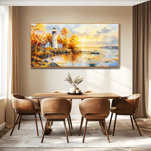 Ocean Beach Canvas Wall Art for Bedroom Lighthouse Seascape Painting 30x60 - color: Lighthouse Painting Wood Framed, size: 60"L x 30"W