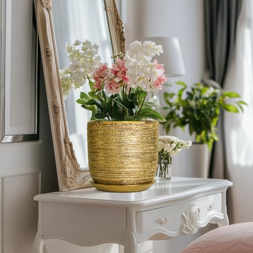 8 Inch Plant Pot, Ceramic Planter with Drainage and Saucer, Gold - color: Gold, size: 8 Inch