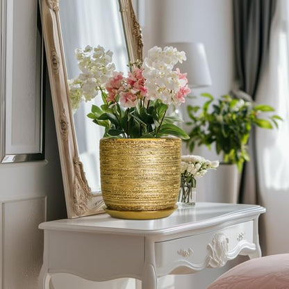 8 Inch Plant Pot, Ceramic Planter with Drainage and Saucer, Gold - color: Gold, size: 8 Inch