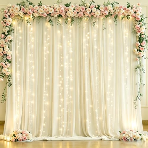 10 x 10ft Ivory Backdrop Curtains with Lights String for Party - color: Ivory, size: W5' x H10'(2 panels)