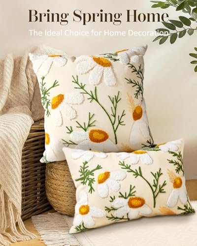 Embroidered Throw Pillow Cover, 20x12 Inch, Daisy - color: Daisy, size: 20" x 12" (Pack of 1)