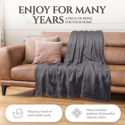 Cashmere Blanket – Hand Woven 100% Cashmere Wool Throw Blanket, 135 x 270 cm – Plain Cozy, and Soft Blanket for Bed, Sofa, or Couch - Made in Nepal - color: Black Grey