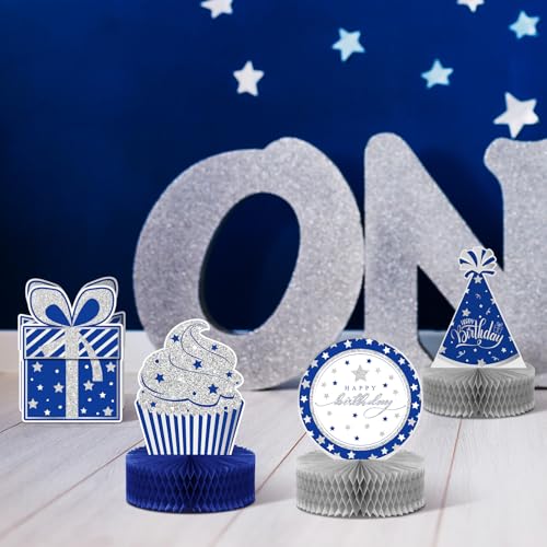 Teling 9 Pcs Happy Birthday Table Decorations Blue and Silver Decorations Navy Blue Centerpieces Happy Birthday Honeycomb Table Centerpieces for Men Women Party Supplies