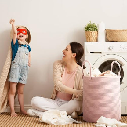Laundry Hamper Basket, Woven Cotton Rope Blanket Basket, Nursery Storage - color: Light Pink, size: 16"D x 22"H