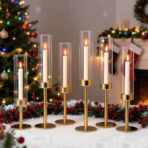 Gold Candlestick Holders Set of 6 – Tall Candle Sticks Holder Decor – Vintage Centerpiece Table Decorations – Dining Room Candle Holder Decor, Wedding Decorations – Home Decor Aesthetic Gift - color: Glass Gold 6 Pieces