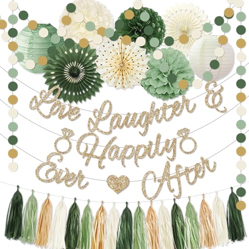 Bridal Shower Decorations,Sage Green Bridal Shower Decorations Includes Love Laughter Happily Ever After Decorations Paper Flower Ball Wedding Decorations for Home Party Bachelorette Party Decorations - style: Green